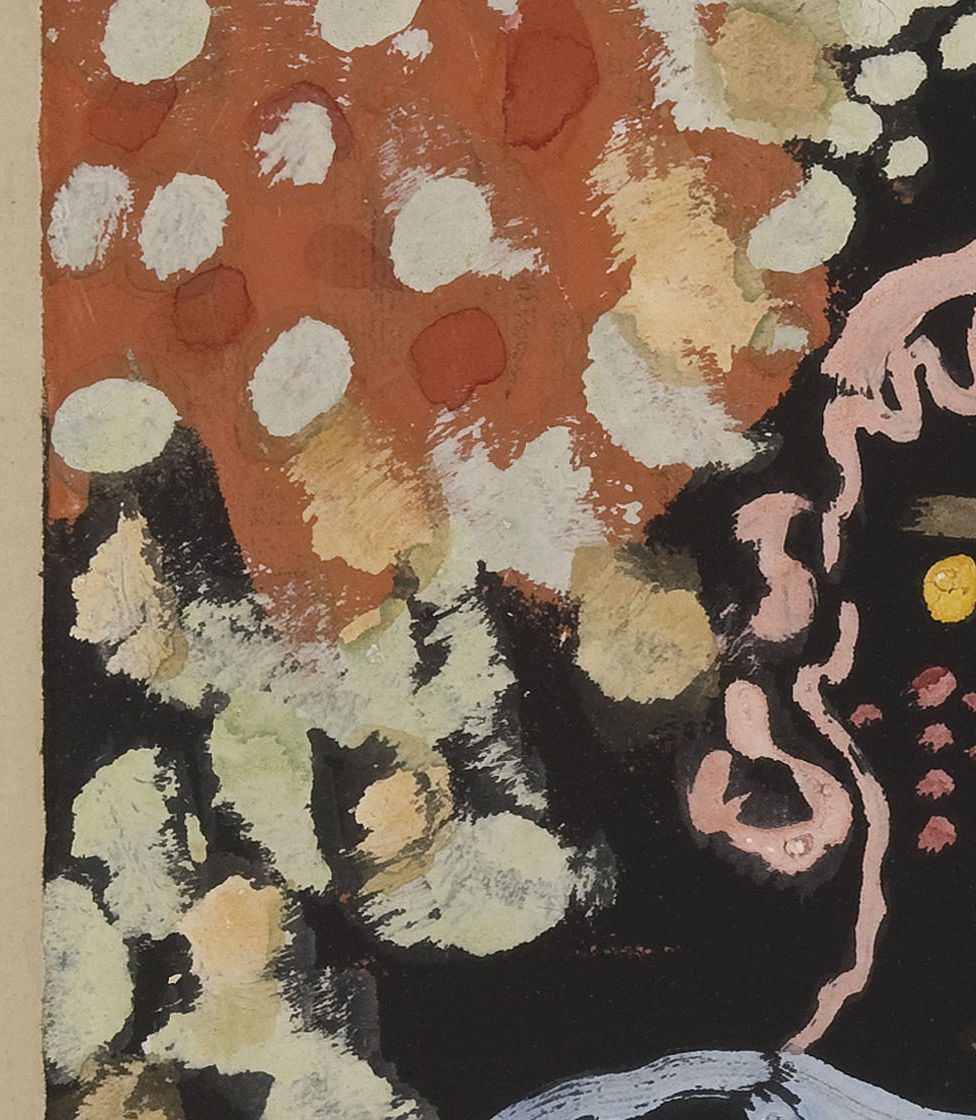 Detail 3: Left-hand blossoms and dark frame around the face in Likeness in the Bower